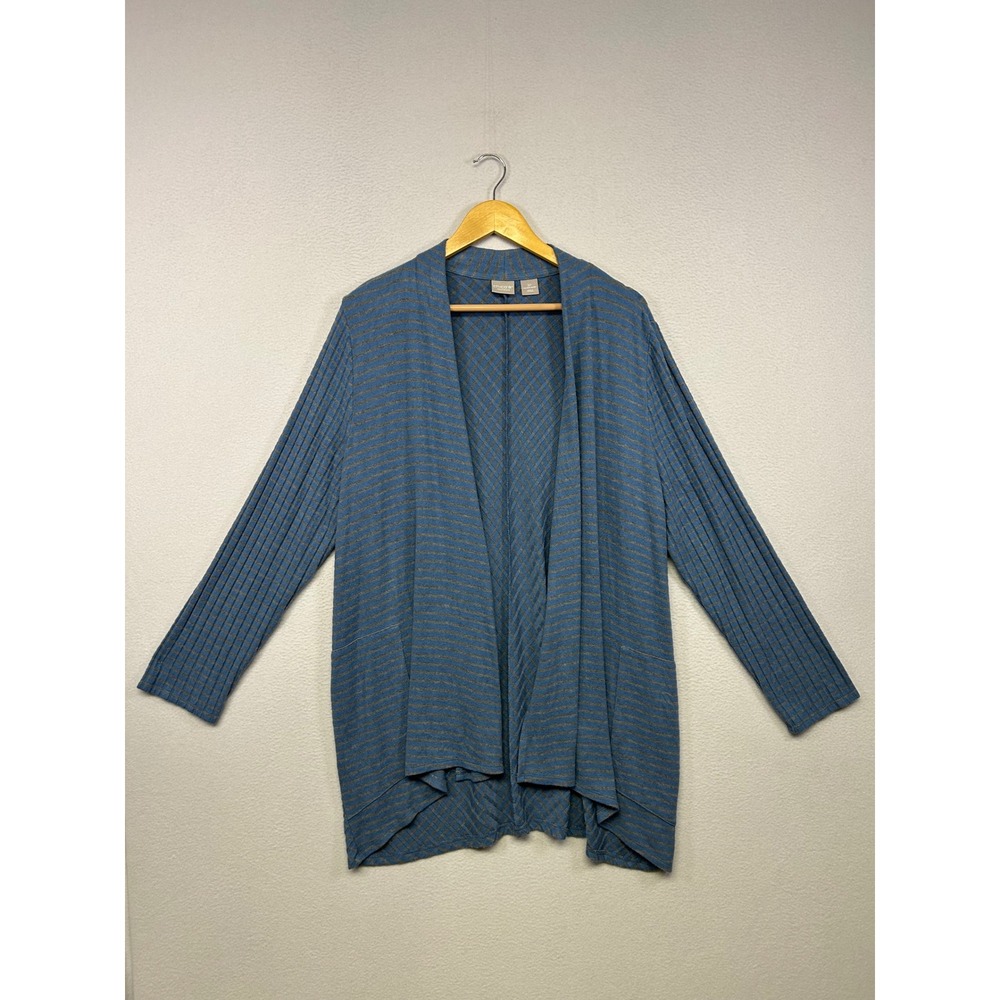 Athleisure Chico's Zenergy Women 3P Blue Striped Open Front Cardigan Pockets